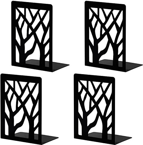 Belle Vous Standfeste Buchstützen Metall Schwarz mit Baummuster (2 Paare) - Anti-Rutsch Buchstütze Schwarz für Bücher & CDs - Halter für Ordner, Regale, Büro, Bibliothek, Haus und Schule