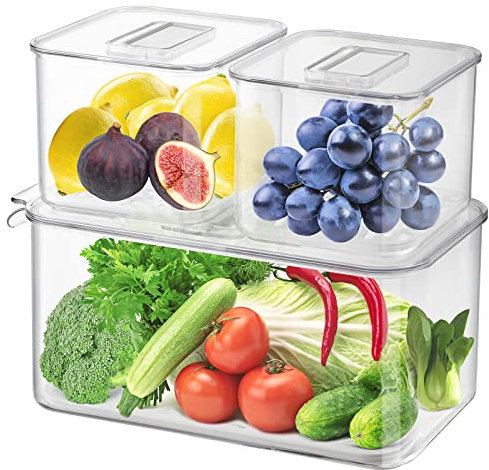 Hossejoy Set of 3 Fridge Organizer Stackable Refrigerator Organizer Bins with Vented Lids, Food Storage Containers with Removable Drain Tray,Kitchen Refrigerator Freezer Organizer Keeper