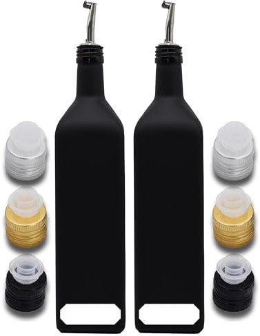 Ölflasche mit Edelstahl-Ausgießer 1 Liter - Deckel in Schwarz, Gold und Silber - Wasserfestes Etikett (2x 1 Liter Flaschen)