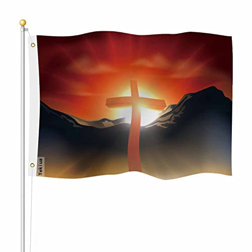 Yekiua Osterkreuz-Flagge, 90 x 150 cm, Sonnenaufgang hinter Bergkette, hochwertig, stärkste und langlebigste Flagge, lebendige Farbe mit Messingösen, Rot/Schwarz