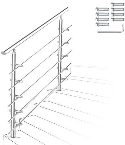 Ikodm Corrimano in acciaio inox, ringhiera per scale, 120 cm, con 5 barre trasversali e accessori, per scale, interni, balcone, ingresso di casa