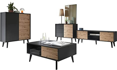 Mirjan24 Wohnzimmer-Set Wirkon I, Wohnzimmerschrank, Schrankwand, Anbauwand, Griffloses Öffnungssystem Push to Open, im Set: TV Lowboard, 2X Kommode und Couchtisch (Schwarz/Schwarz + Eiche Artisan)
