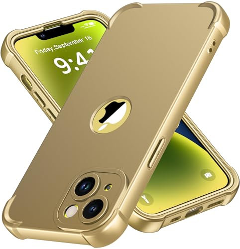 ORETECH for iPhone 14 Case 6.1 inch, with [2 Pack Screen Protector] [Camera Lens Guard] [15FT Military Grade Drop Test] 360° Shockproof Slim Fit Design Rubber Bumper Phone Cover - Gold