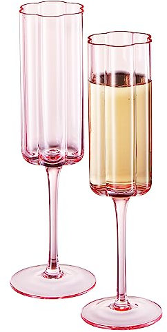 Flower Vintage Champagne Flute Glassware - Set of 2-7.4 oz Colorful Valentine's Day Cocktail, Martini & Champagne Glasses, Prosecco, Mimosa Glasses Set, Bar Glassware Luster (Pink)