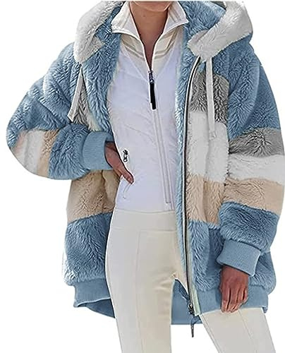 Livonmone Womens Teddy Hoodies Fleece Jackets Winter Warm Coats Full Zip Stylish Fuzzy Sweatshirt Ladies Casual Jumper Outerwear With Pockets (Blue, M)