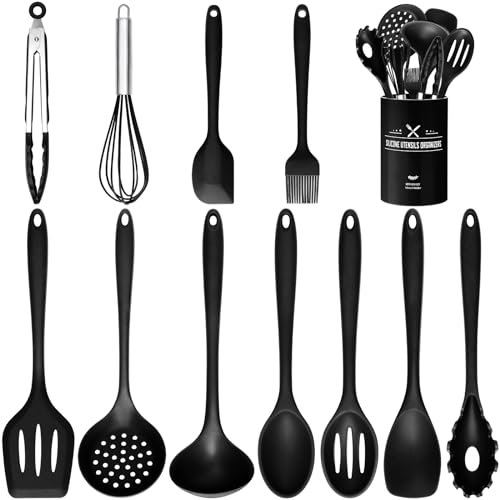 Lot de 12 ustensiles de cuisine en silicone avec support, spatules en silicone de qualité alimentaire sans BPA, résistantes à la chaleur et faciles à nettoyer, noir