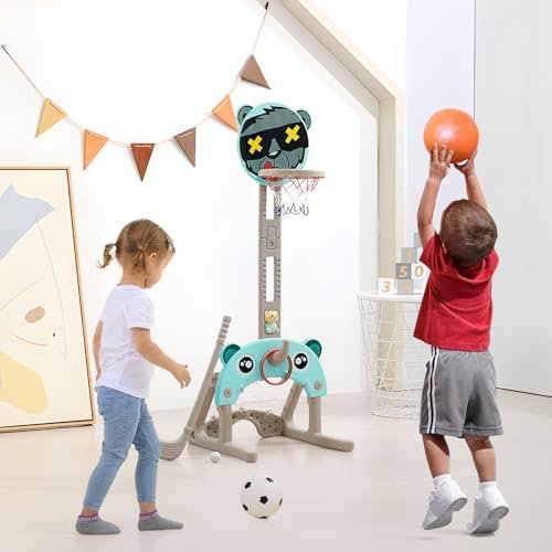 Toddler Basketball Hoop and Stand Child Basketball Hoop Set 5 in 1 Height Adjustable Self Standing Basketball Hoop Kids with Football Goal, Golf, Ring Toss, Story Player Baby Indoor Activities Outdoor
