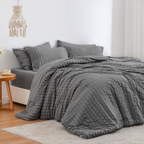 Love's cabin Seersucker Dark Grey Queen Comforter Set, 7-Piece All Season Lightweight Bed in a Bag Bedding Set with Comforter, Flat Sheet, Fitted Sheet, Pillowcases and Shams
