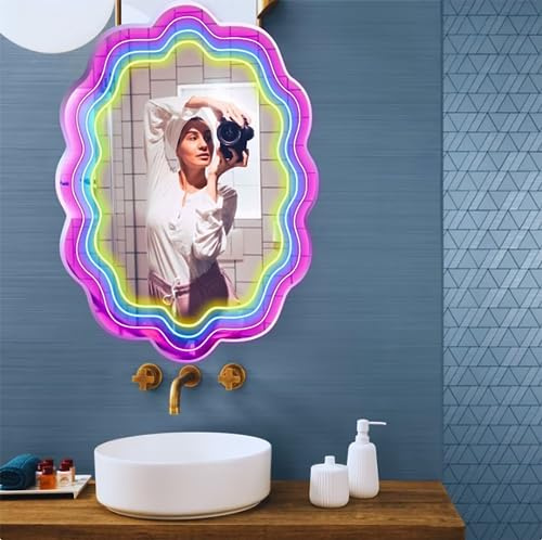 Ulalaza Miroir Acrylique LED néon en Forme de cœur/Chat/Lettre/ondulé, Miroir de sorcière, décoration Murale décoration de la Chambre à Coucher, de la Maison, du Studio, du dortoir, du Mariage