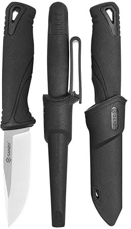 Ganzo G807-BK Couteau à lame fixe Lame en acier inoxydable 9CR14 Poignée ergonomique antidérapante Camping Chasse Couteau d'extérieur avec gaine PP (Noir)