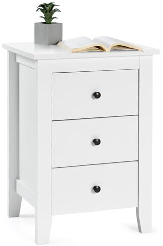 GOPLUS Nachttisch, Nachtschrank mit 3 Schubladen, Moderne Nachtkommode aus Holz mit rundem Griff, Beistelltisch Schubladenschrank für Boxspringbett, Schlafzimmer & Wohnzimmer, 46×37×65 cm (Weiß)