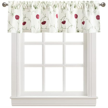 VOGOL Rosa Blumen Landhausstil Volants, 132,1 x 30,5 cm Leinen strukturierte Küchengardine mit Stangentasche, Blendschutz Kleine Gardine für Esszimmer, 1 Stück