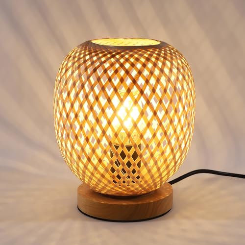 Osairous Bambus Weben Tischlampe E27 Bambusschirm Nachttischlampe Tischlampe Vintage-Design Geeignet für Schlafzimmer, Wohnzimmer, Büro.