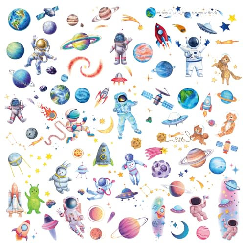 Amaxiu 12 Blatt glitzerndes Weltraum temporäres Tattoo für Kinder, Astronauten Planet gefälschte Tattoos Aufkleber Bling niedliches Raketenschiff Tattoo Wassertransfer Tattoo Gesicht Körperaufkleber