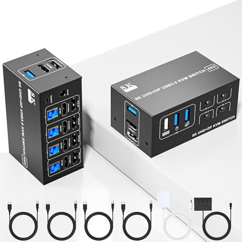 8K@60Hz HDMI Displayport KVM Switch 2 Monitors 4 Computers, Dual Monitor USB 3.0 KVM Switcher ara 4 PC 2 Monitores con 4 Puertos USB, Soporte Admite Replicación y Extensión