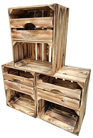 Vintage Holzkisten Obstkisten Weinkisten geflammt mit Ablagefach Schublade 50 x 40 x 30cm -Ideal zur Aufbewahrung und Organisation (3 x Regalfach Kurz)