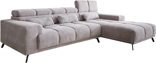 DELIFE Couch Ordino Cord Silbergrau 285x200 Ottomane rechts Relaxfunktion Ecksofa