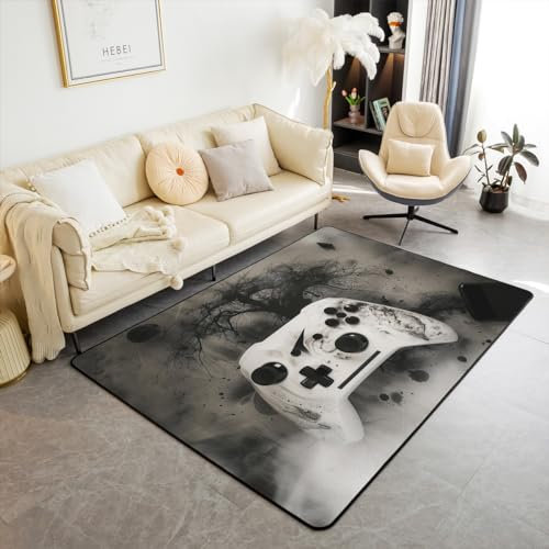 Schwarz Gamer Teppich 150Bx200L,Jungen Game Controller Indoor Bodenmatte,Cool Gaming Area Teppich,Teen Game Room Decor Waschen Malerei Stil Dekor Akzent Teppich für Nachttisch Klassenzimmer,Waschbar