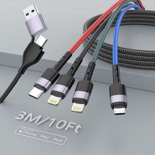 Cable de carga múltiple, cable de carga USB C 4 en 1, cable de carga múltiple de 3 m, cable de carga múltiple de nailon trenzado con cable micro USB tipo C Lightning para iPhone 15/14/13/12/XS,