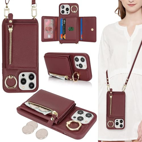 ELTEKER Coque pour iPhone 12 Pro Max Etui avec Cordon Collier Sangle réglable,Housse en Cuir avec Anneau Étui Portefeuille avec Porte Carte Pochette - Rouge vin