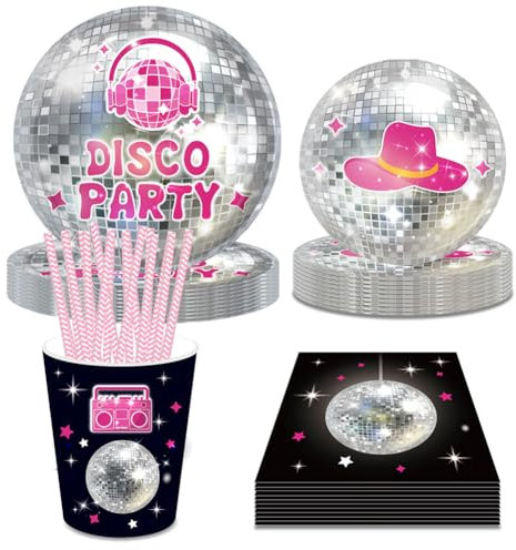 69Pcs Disco Party Tableware - 70s Disco & Cowgirl Supplies, Includes Plates, Napkins, Cups, Straws for Cocktail Wedding Decorations - Serves 8