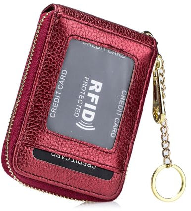 GreatRise Leder Kreditkartenetui Klein Kartenetui Damen Herren 12 Fächer Kartenmappe Visitenkartenetui Portmonee mit Münzfach, RFID Schutz, Reißverschlussetui, Schlüsselanhänger Perlglanz Ziegelrot