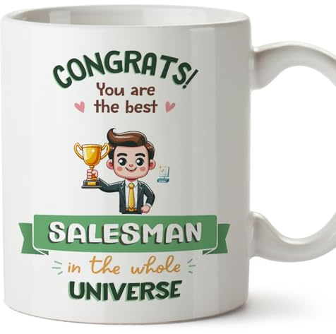 MUGFFINS Salesman Man Mug - in English - Best in Universe Trophy - Funny Gift for Colleagues - Ceramic 11oz Mug