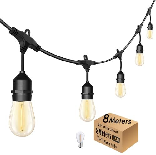 8M Festoon Lights Outdoor E27 Festoon Lights Garden String Lights with 7+1 S14 Shatterproof Bulbs for Pergola Backyard Party Garden Fence, 2.6 Metre Extension Cable Built-in, Linkable