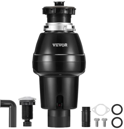 VEVOR Tritarifiuti per Lavello da Cucina, 0,559 kW, Sistema di Smaltimento Rifiuti Alimentari in Acciaio Inox, Supporto EZ, 3930 giri/min, con Cavo di Alimentazione Motore CC, Paraspruzzi per la Casa