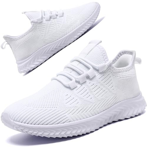 Mens Trainers Running Shoes Tennis Sports Sneakers Slip On Outdoor Breathable Lightweight Training Walking Jogging Gym Athletic Fitness Fashion Sneakers White Size 8