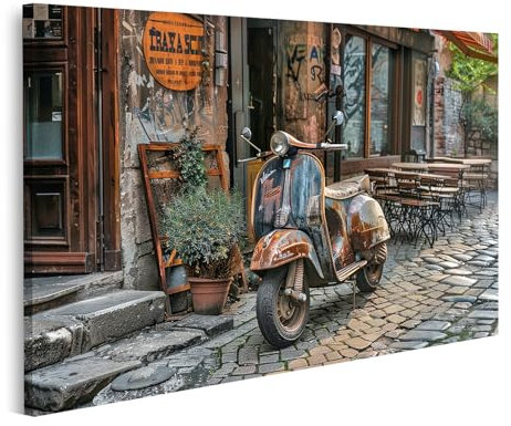 islandburner Bild auf Leinwand Alte Vespa in einer malerischen Gasse mit Kopfsteinpflaster für Wohnzimmer Vintage-Liebhaber Café Bilder Wandbilder Poster