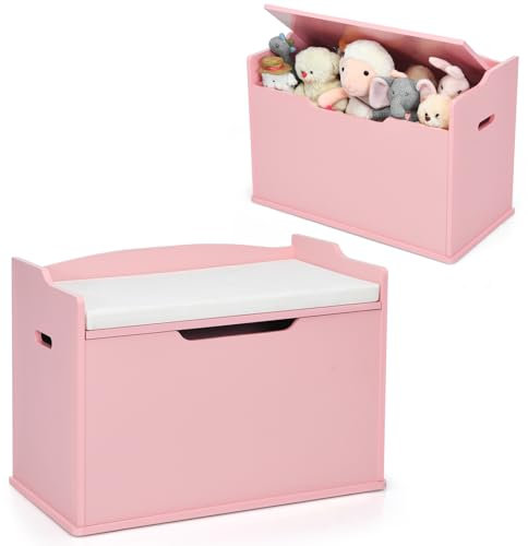 DREAMADE Spielzeugkiste mit Deckel, Kinderbank mit Kissen, Spielzeugtruhe Kindertruhe, Aufbewahrungsbox Kinder 74 x 39 x 52 cm für Kinderzimmer Spielzimmer (Rosa)