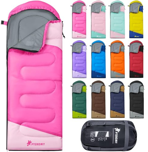 PTEROMY Schlafsäcke für Erwachsene, leicht und maschinenwaschbar, wasserabweisend, Rucksackreisen, Camping, Schlafsack für warmes kaltes Wetter, Camping-Essentials für Wandern, Reisen (Rosa, 1,35 kg)