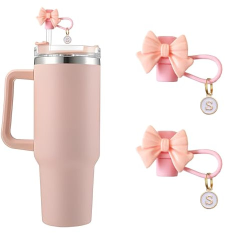 2-Pack Silicone Straw Covers,Pink Bow Dust-Proof Toppers with Letter Pendant,Reusable 10mm Dustproof Drinking Tips Lids for Stanley Cups Accessories,Great Gift for Family, Friends, and Loved Ones (S)