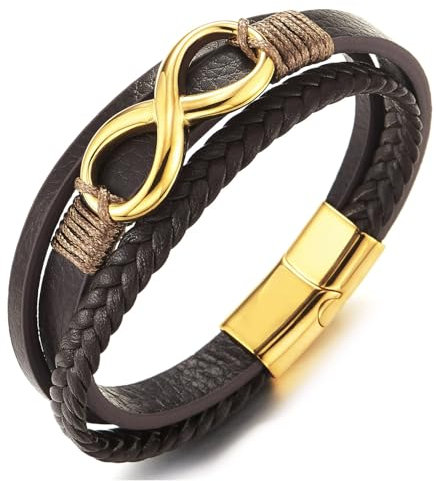 COOLSTEELANDBEYOND Goldfarben Edelstahl Unendlich Liebe Number 8 Drei Stränge Braun Geflochtene Leder Armband für Herren Damen