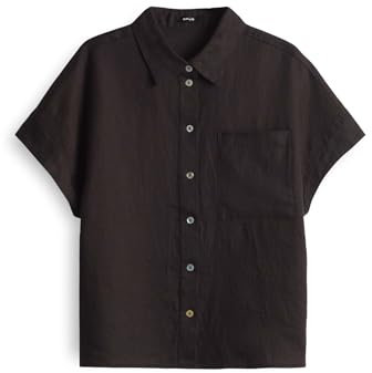 OPUS Damen Kurzarmbluse | Hemdbluse Felisa Regular aus Leinen Midnight Brown, 42