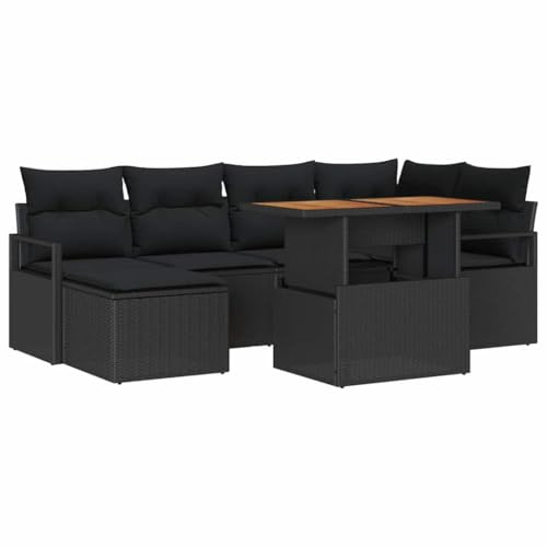 vidaXL 7-teiliges Garten-Sofa-Set mit Kissen in Schwarz aus Poly Rattan. Bequemer Platz für 6 Personen. Wetterfest und perfekt für Terrassen und Balkone. Ideal für Gartenpartys.
