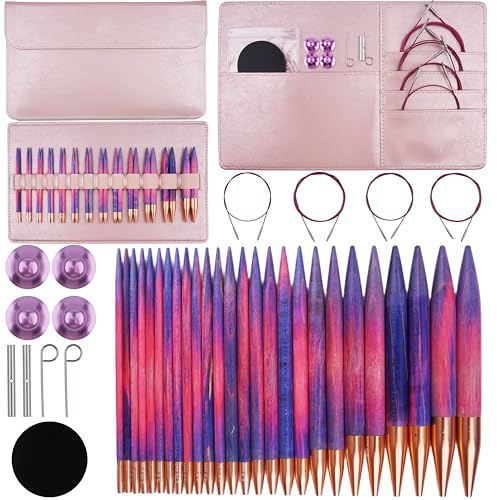 WAZAIGUR Circular Interchangeable Wooden Knitting Needles Set with Case | 4inch Round Knitting Needle for Beginners, Knitting Various Projects, Sizes 3mm- 10mm, US Size 2.5- 15, 13 Pairs, 4 Cables