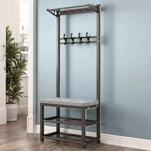 Industrielle Garderobenleiste mit Schuhbank - Freistehender Eingangsgarderobe mit Haken & 2-stöckiger Schuhaufbewahrung für Flur & Wohnzimmer - Einfache Montage Modernes Design