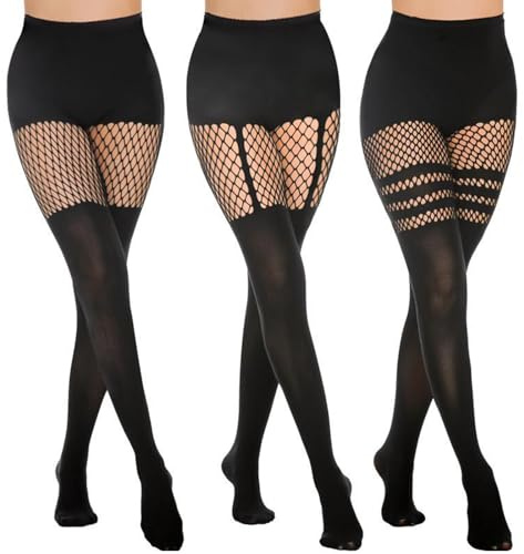 SNDE Netzstrumpfhosen Damen Schwarz Blickdichte Overknee Strümpfe Fischnetz Strumpfhose mit Muster 3 Paar