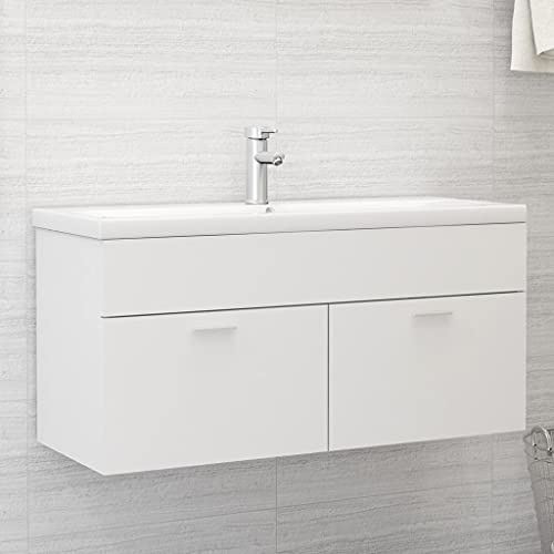 Runheo Meuble de lavabo blanc 100 x 38,5 x 46 cm, meuble de salle de bain avec 2 portes, espace de rangement pour salle de bain, sous évier, robuste et stable