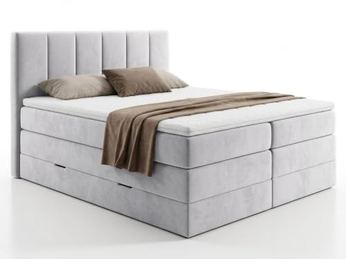 Sofnet Boxspringbett Star XL mit 2 Bettkästen und Topper, mit Taschenfederkern- und Bonellfederkernmatratze, Doppelbett, Polsterbett aus Veloursstoff mit Stauraum (Grau (Paros 05), 180 x 200 cm)