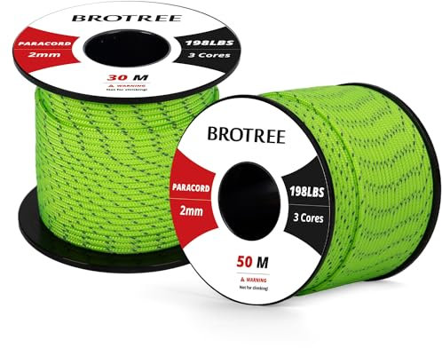Paracord 2mm 30M 100% Nylon Seil mit 3 Kern Schnur für Outdoor, Armband, Hundeleine - Bruchlast 90kg (Reflektierende Neon Grün)