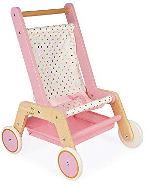 Janod - Candy Chic - Kinderwagen aus Holz für Puppen bis zu 42 cm - 3 Zubehörteile - Puppenzubehör - Ab 18 Monaten, J05890