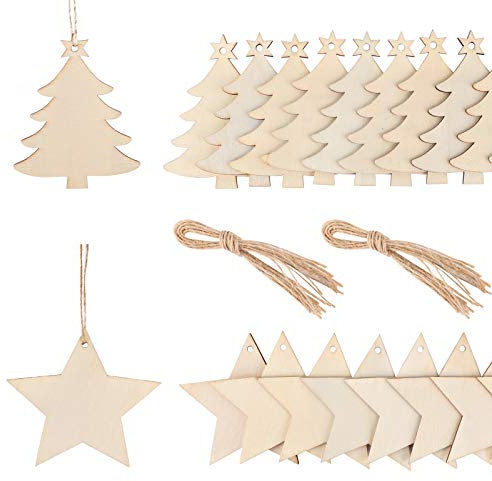 FLOFIA 40pcs Colgante Adorno Madera de Navidad con 800cm Cuerda Árbol Navidad Estrella Madera Colgante Navideño Madera Decoración Ornamento Madera de Fiesta Naviadad DIY Artesanía