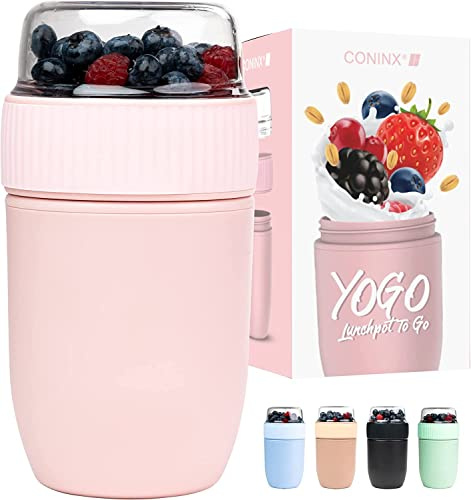 Coninx Müsli Becher To Go Mit 2 Fächern Auslaufsicher Für Frühstück | Genieße Frisches Joghurt Mit Knusprigem Müsli Oder Snacks Unterwegs Ohne Vermischen