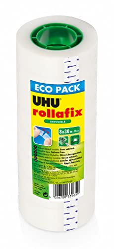 UHU Rollafix invisible - Ruban adhésif, invisible, transparent, sans solvants, recharge, lot 8 rouleaux 30 m x 19 mm