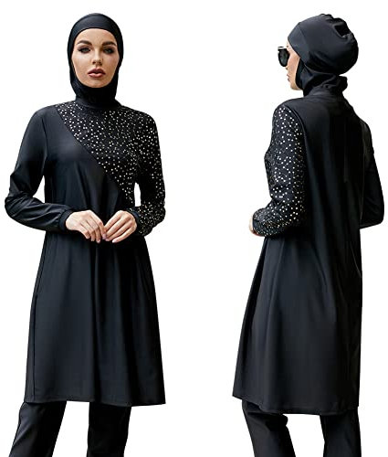 FYMNSI Damen Ganzkörper Badeanzüge Muslimische Bademode Badeanzug Full Cover Bescheidene Badebekleidung Modest Muslim Swimwear Beachwear Burkini Langarm Tops Hose Hijab Kopftuch 3er Set 6# Schwarz XL