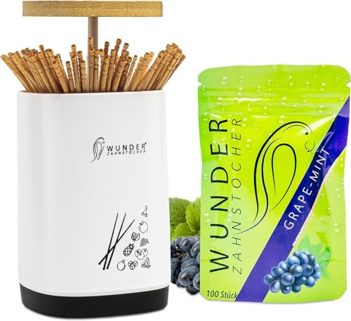 Zahnstocherspender von Wunder Zahnstocher - Spender mit easy-lift Funktion - Zahnstocherhalter + 1 Refill Pack (100 Zahnstocher) - Zahnstocher mit Geschmack (SPENDER + TRAUBE/MINZE REFILL)
