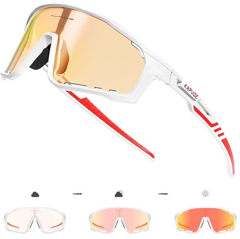 KAPVOE Fahrradbrille MTB Brille Selbsttönend Klar Radbrille Rennrad Sportbrille Sonnenbrille Radsport Laufen Golf Fahrerbrille Baseball Herren Damen Rot Weiß 05